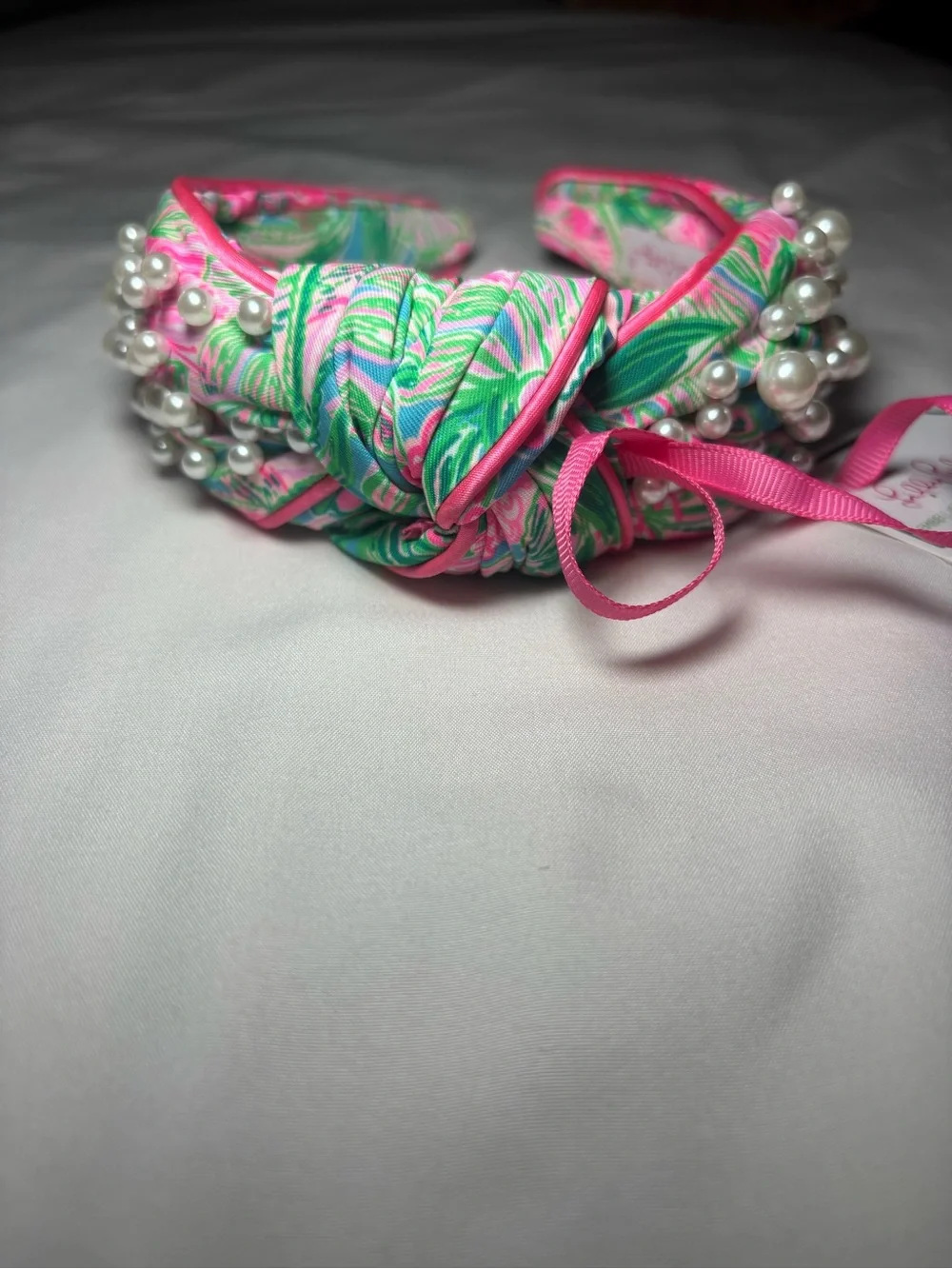 NWT Lilly Pulitzer “Coming in Hot” Pink and Green Floral Pearl-Trim Headband